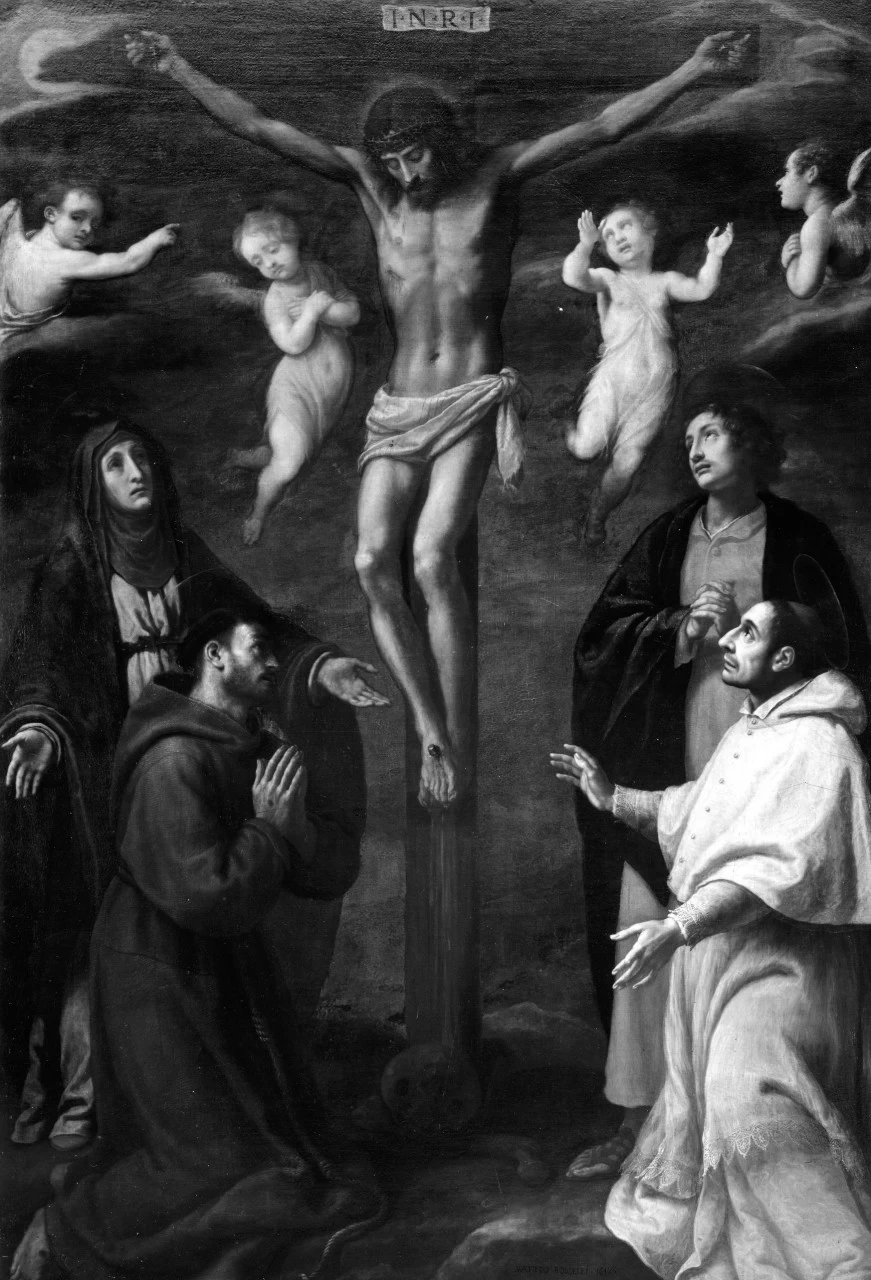 Cristo crocifisso con la Madonna, San Giovanni Evangelista, San Francesco d'Assisi e San Carlo Borromeo - Scarperia, Firenze